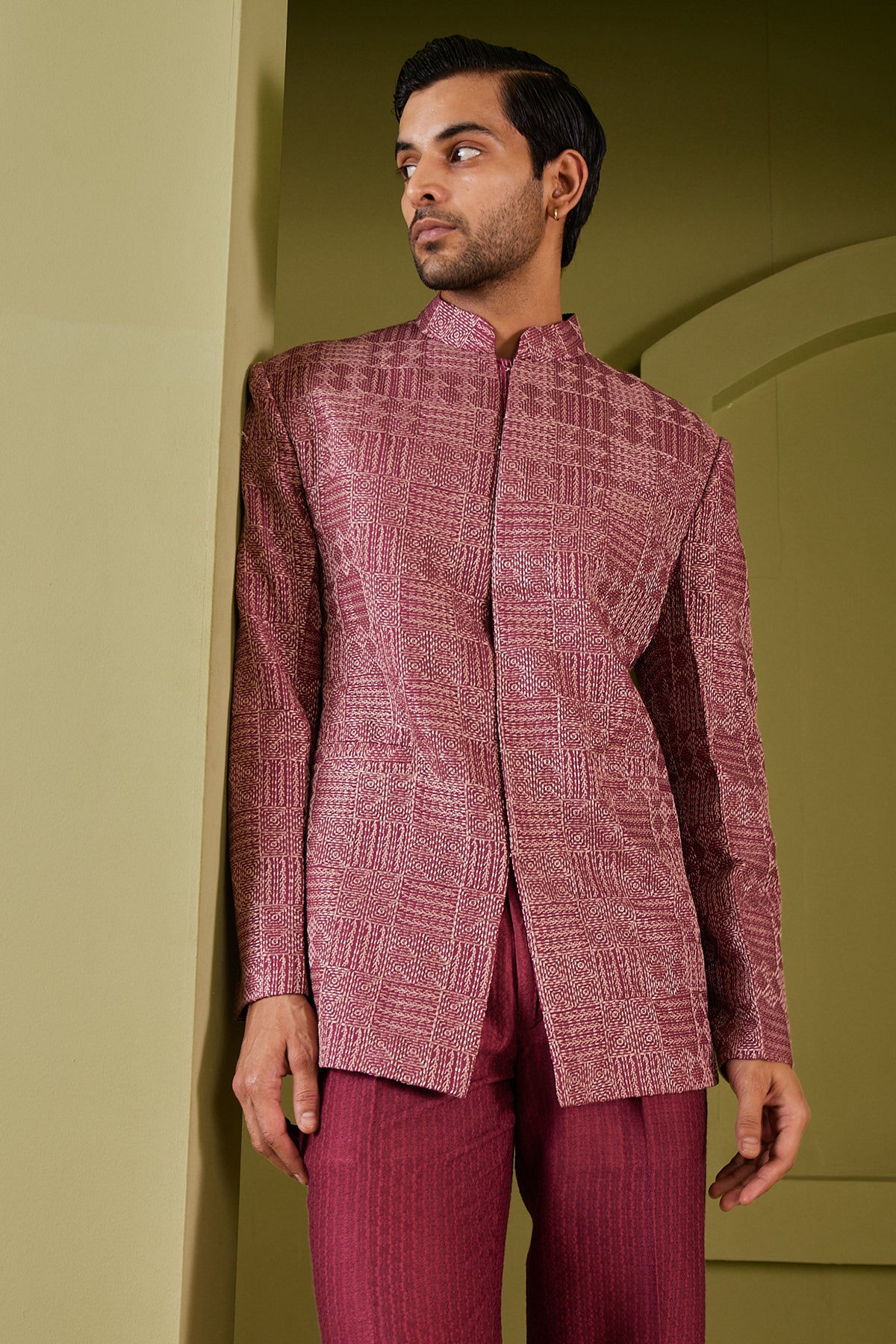 Monga Silk Maroon Bandhgala With Texture Pants Set
