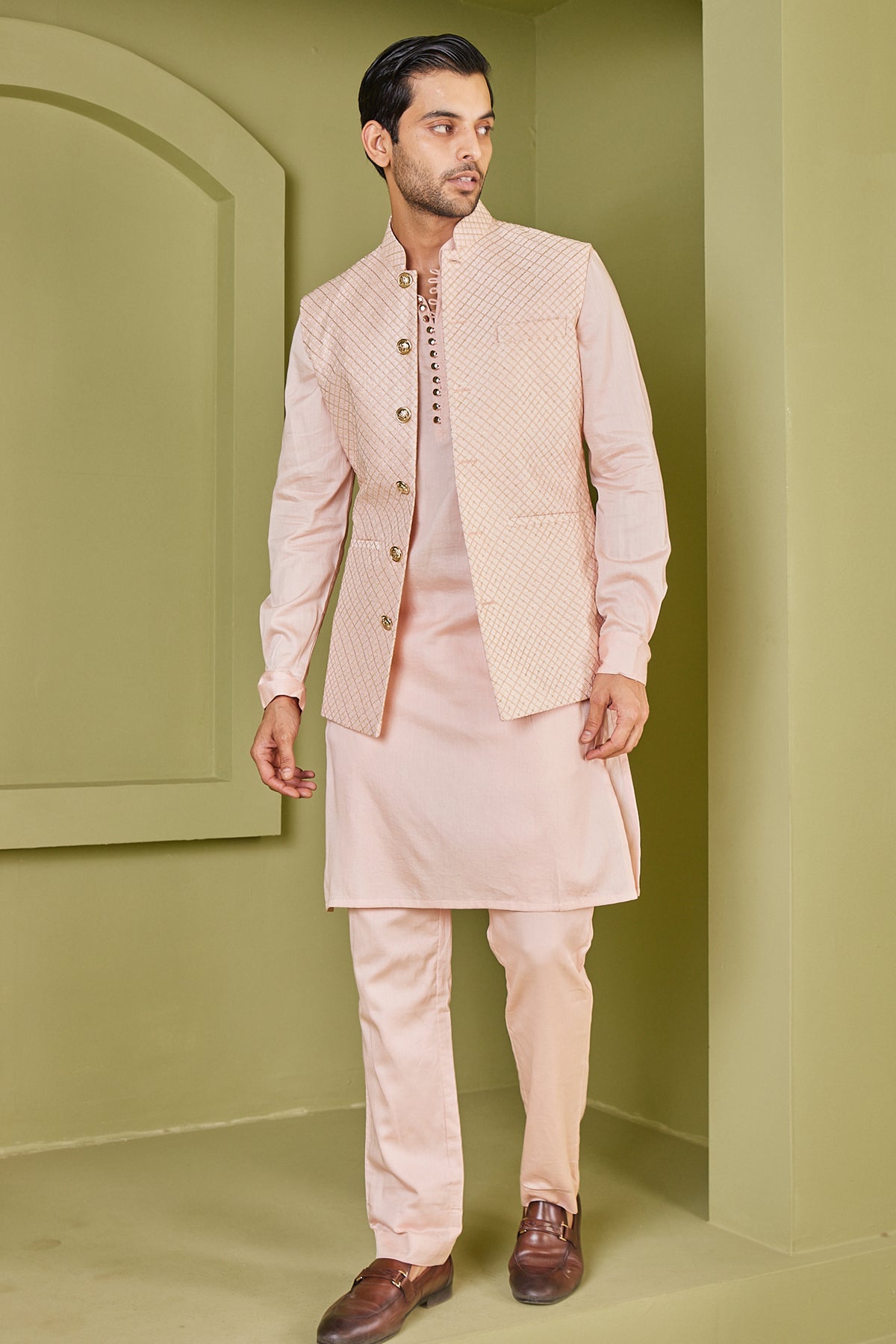 Zari Pink Nehru Jacket With Kurta Set