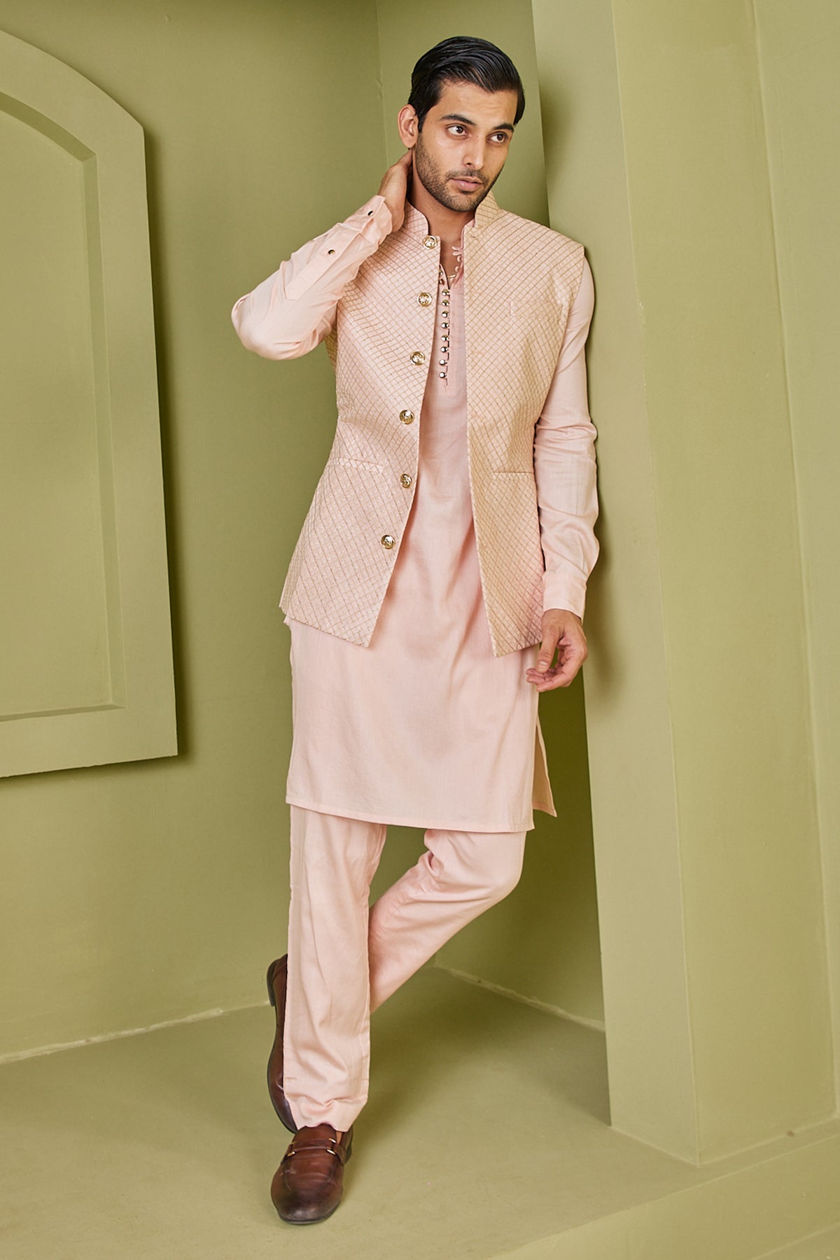 Zari Pink Nehru Jacket With Kurta Set