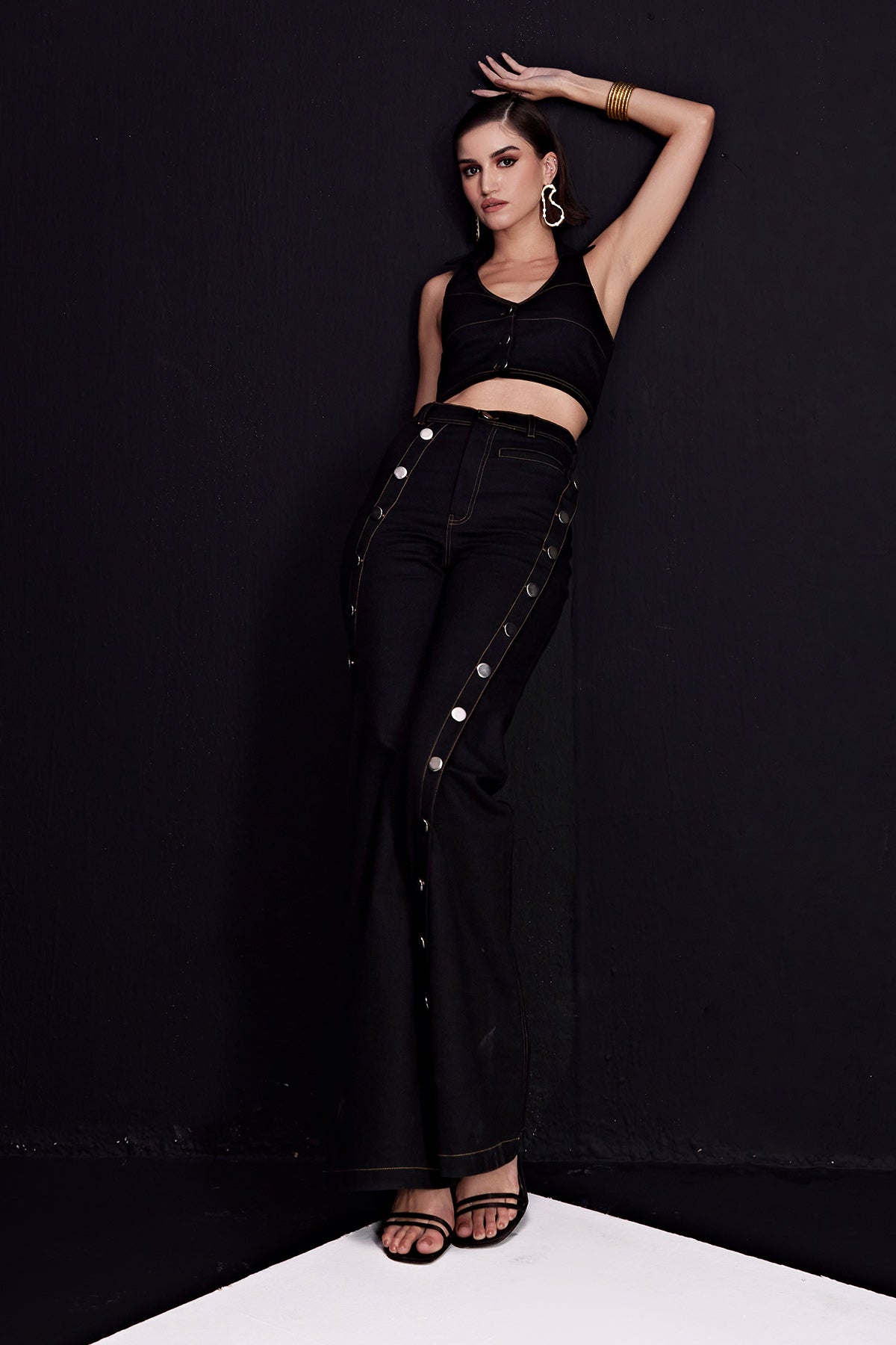Black Button Denim Pants With Halter Waistcoat