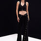Black Button Denim Pants With Halter Waistcoat