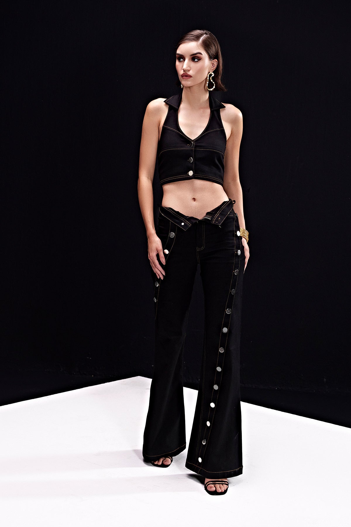 Black Button Denim Pants With Halter Waistcoat