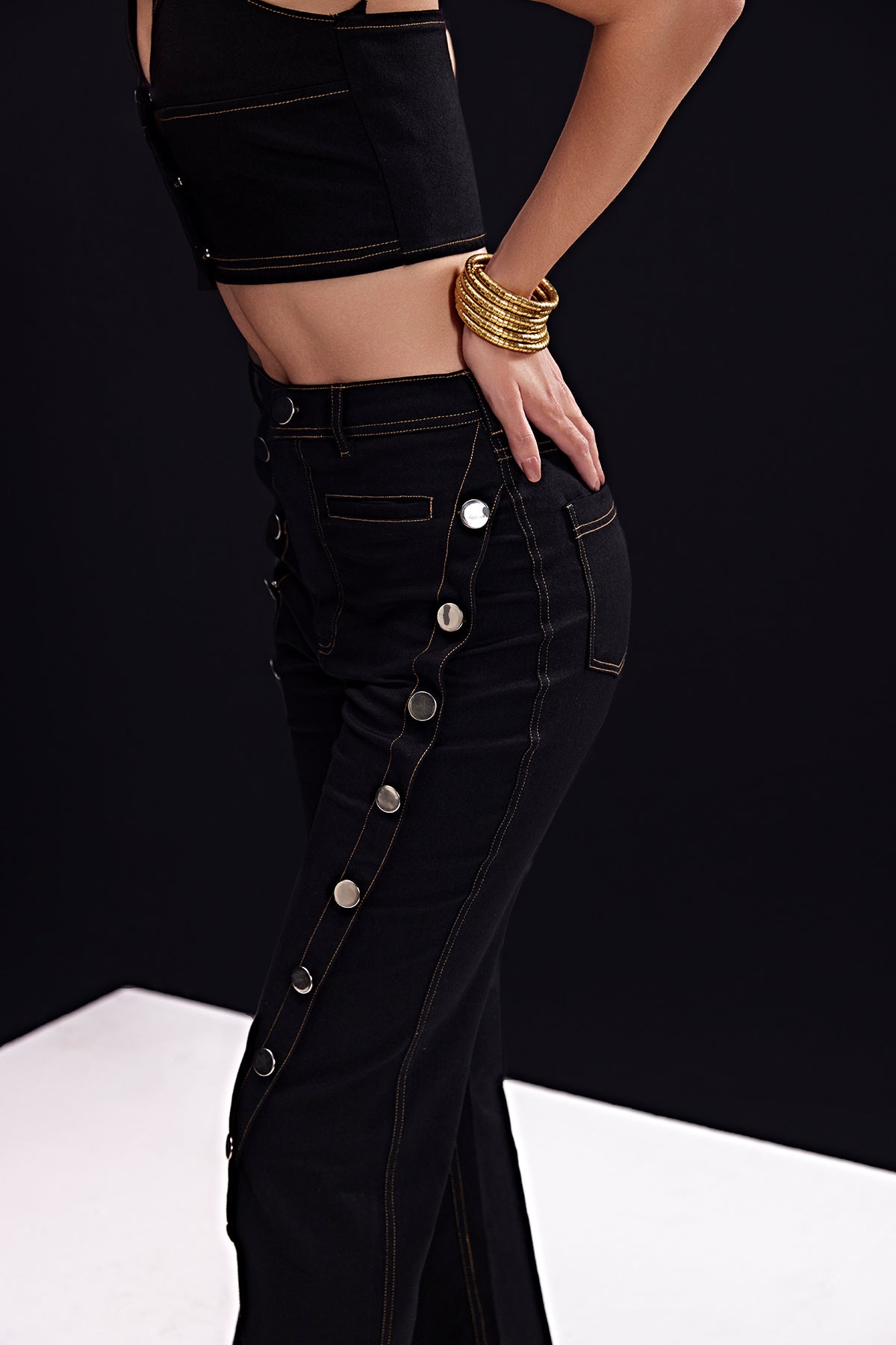 Black Button Denim Pants With Halter Waistcoat