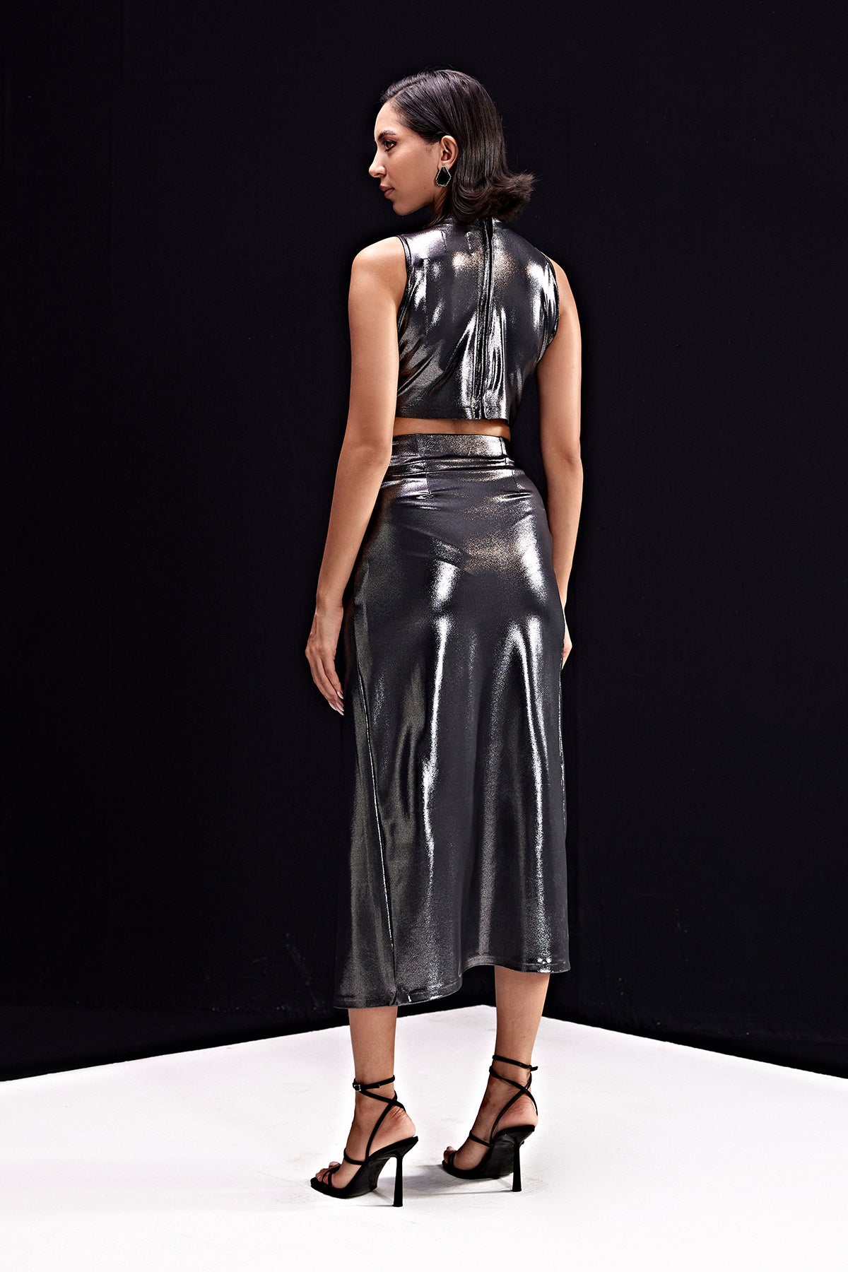 Mettalic Silver Drape Knot Slit Skirt Top Cord