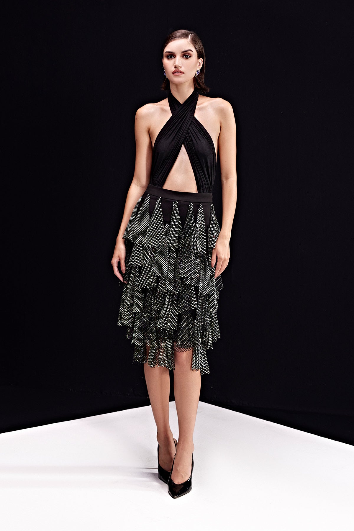 Casa-Reflect Rhinestone Skirt With Cross-Neck Top