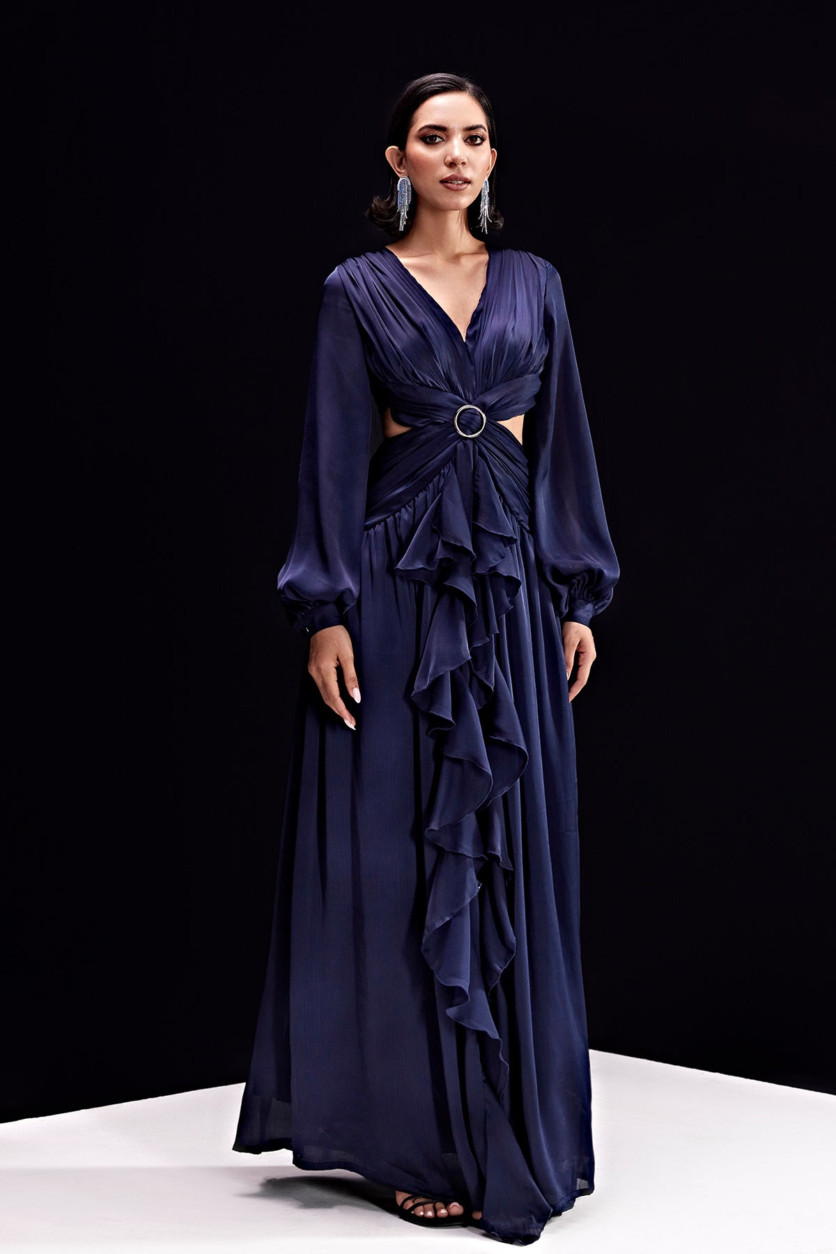 Frill-Navy Blue Draped Buckle Gown