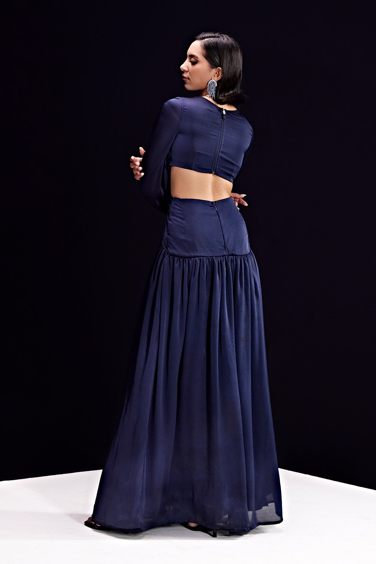 Frill-Navy Blue Draped Buckle Gown
