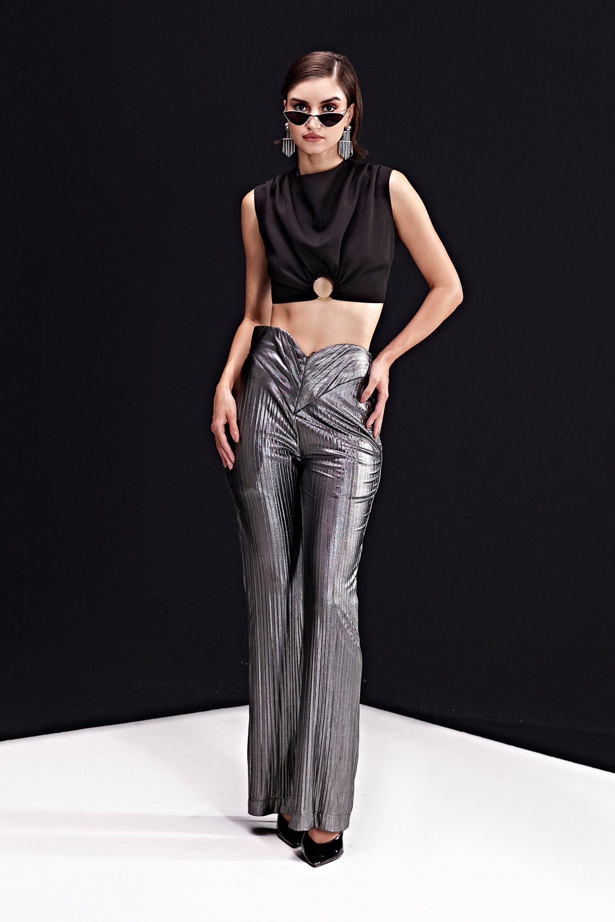 V-Mettalic Silver Pants With Cowl Buckle Top
