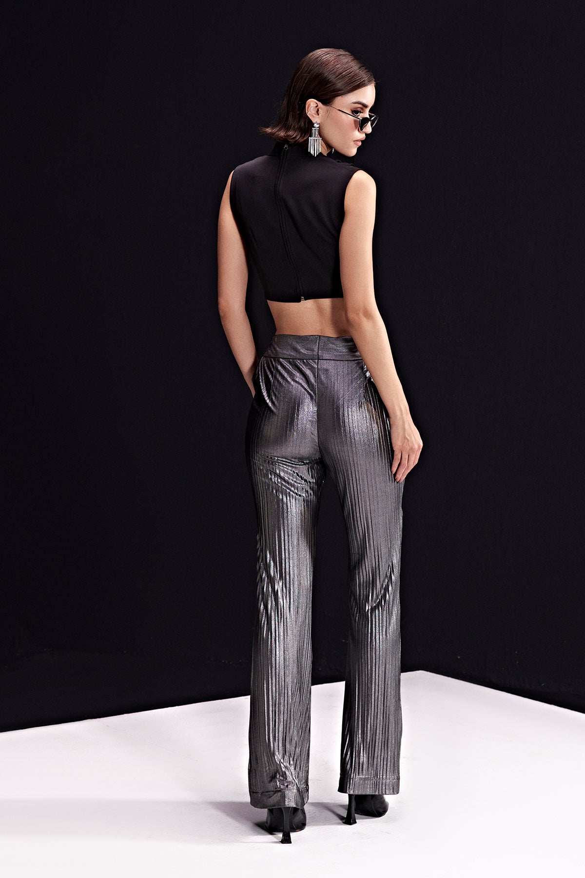 V-Mettalic Silver Pants With Cowl Buckle Top