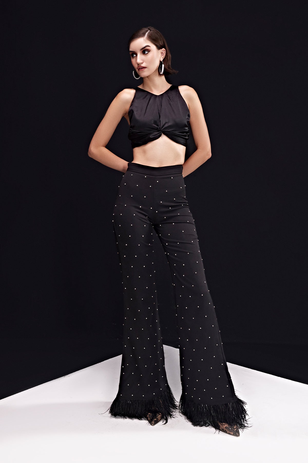 Reflected Diamond Fur Pants With Knotted Top