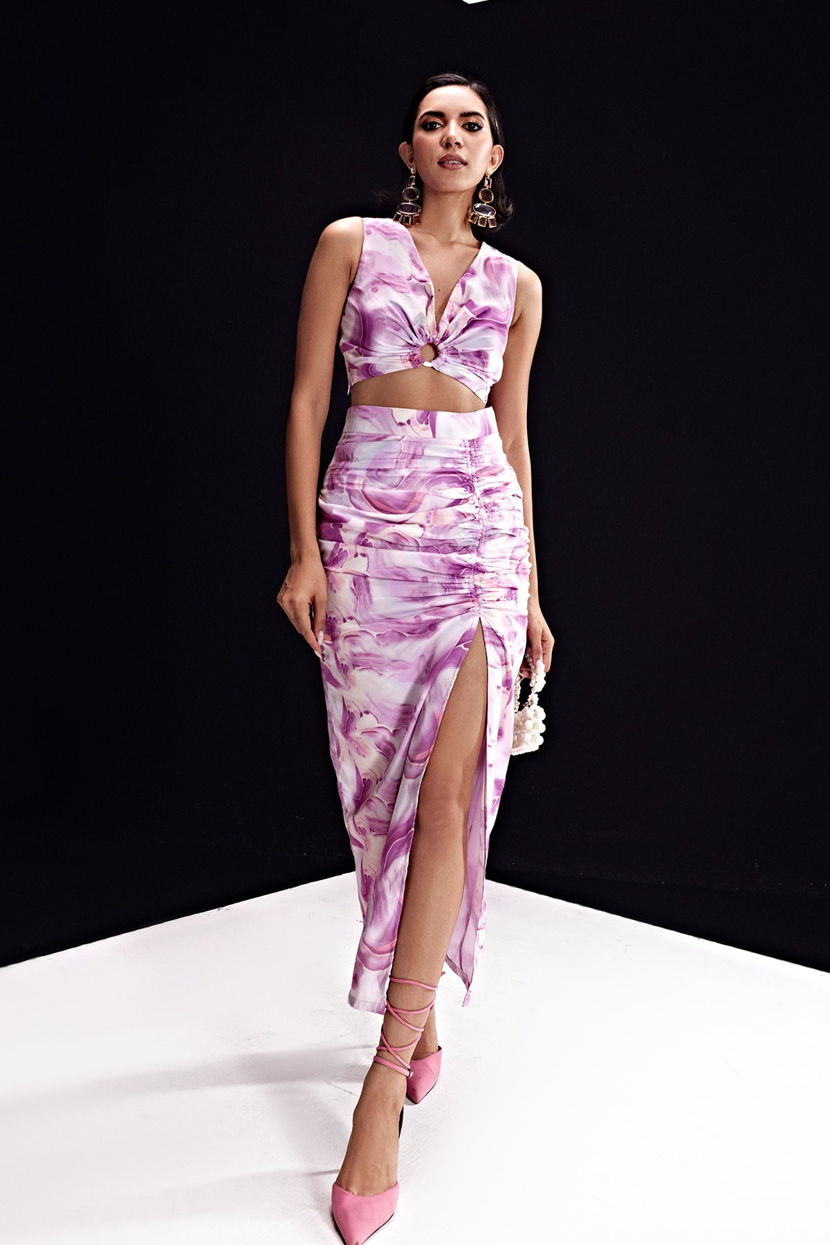 Wave-Pink Gathered Skirt With Buckle Top