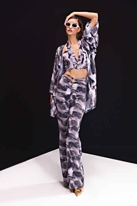 Wave-Marble Black Ring Waist Pants , Bralette & Cape