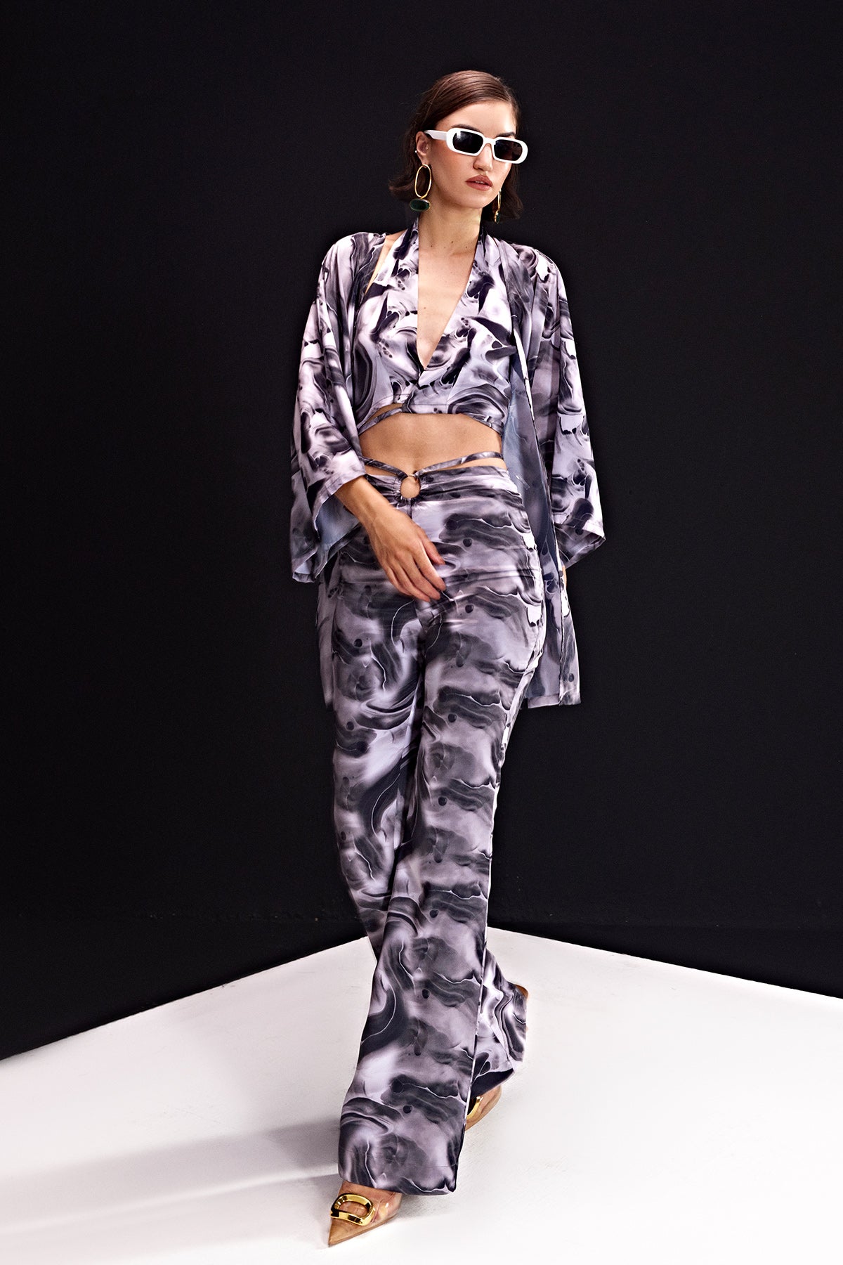 Wave-Marble Black Ring Waist Pants , Bralette & Cape
