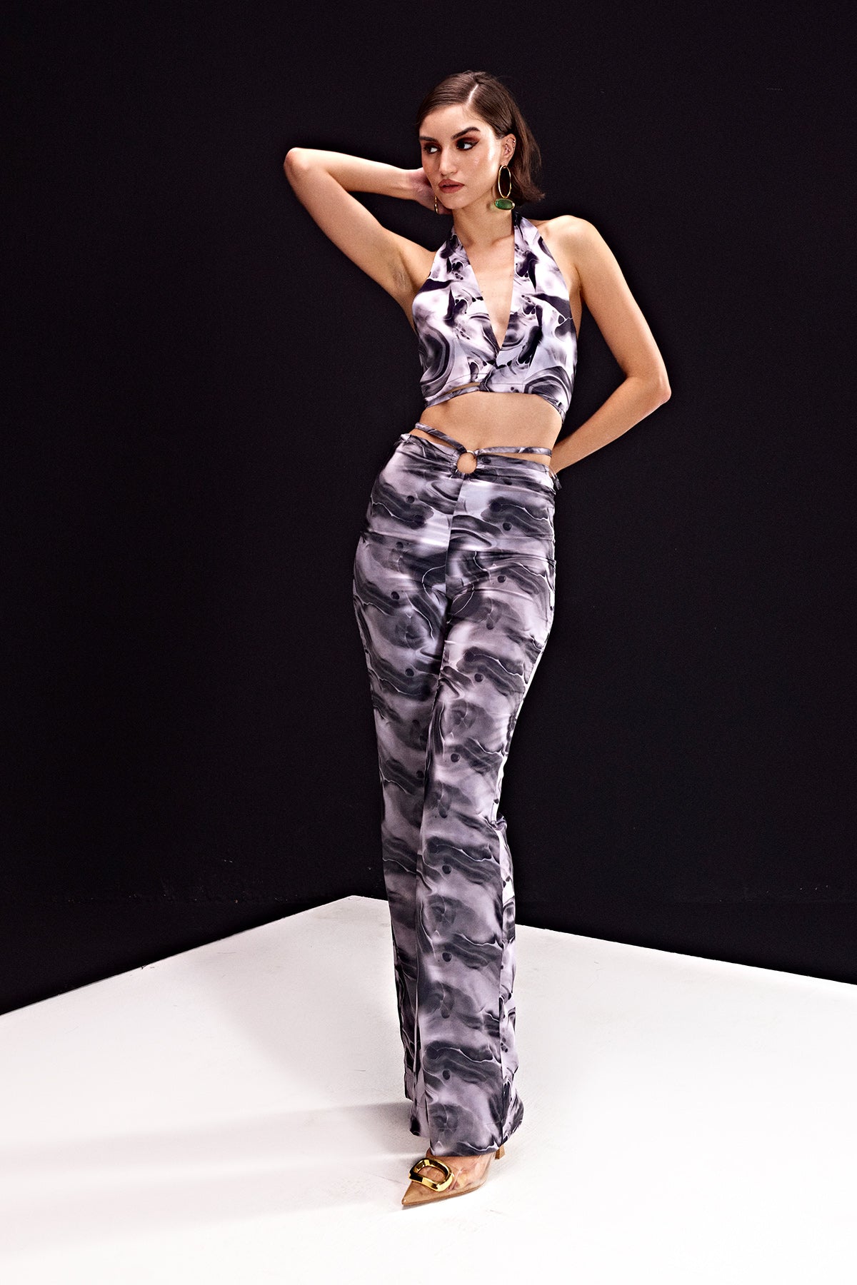 Wave-Marble Black Ring Waist Pants , Bralette