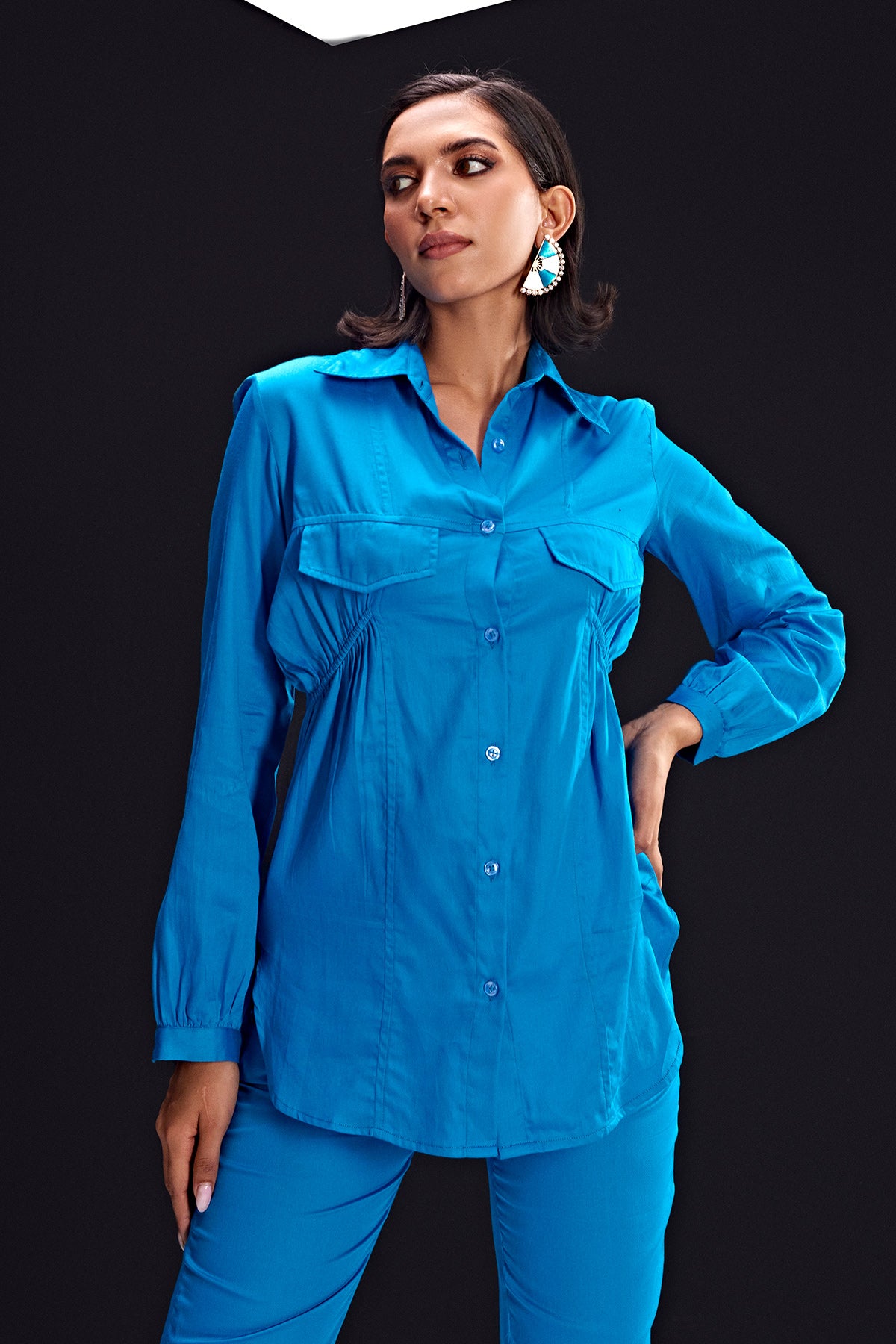Cotton-Blue Gather Side Shirt Coord Set