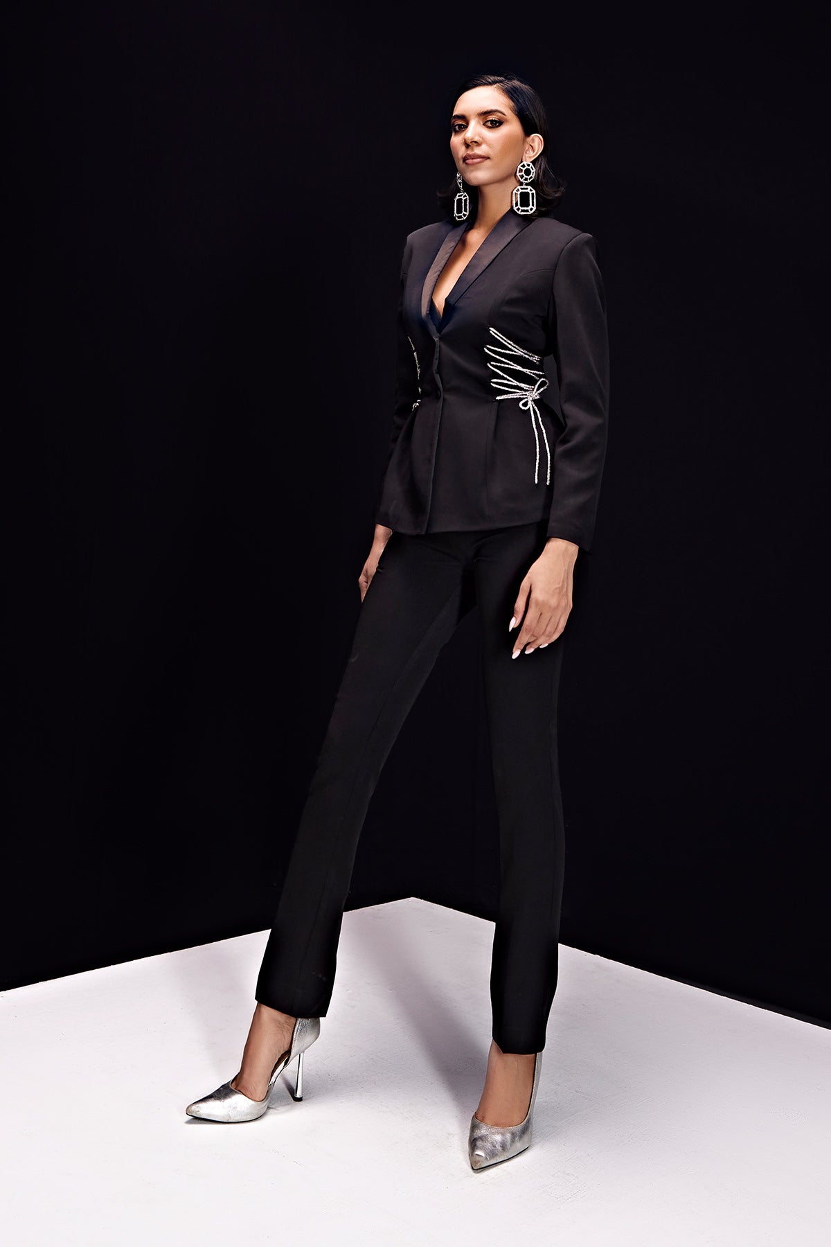 Statement Black Crystal-Lace Blazer Suit