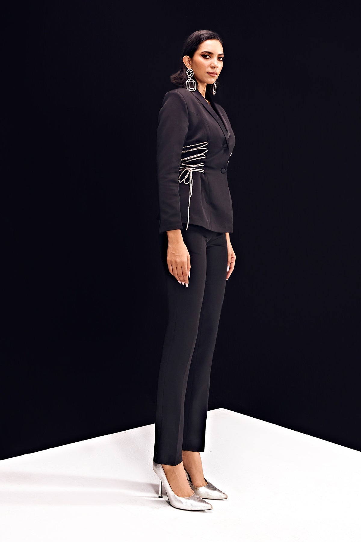 Statement Black Crystal-Lace Blazer Suit