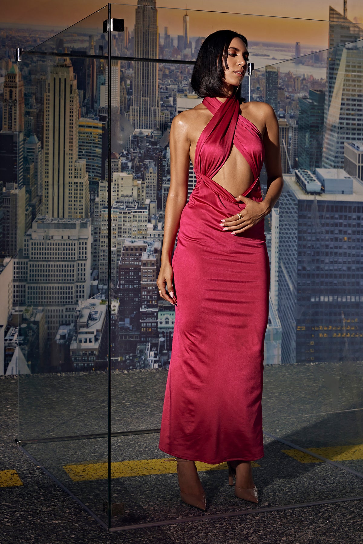 Pink Rouched-Chique Cross Neck Dress
