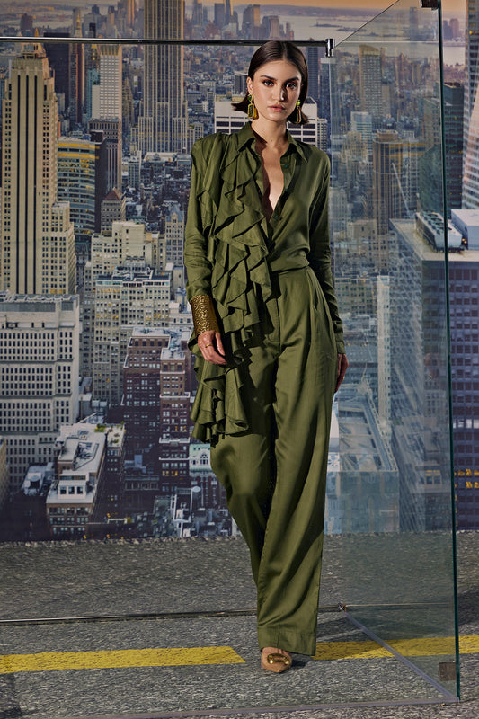 Olive-Frill Shirt Cord Set