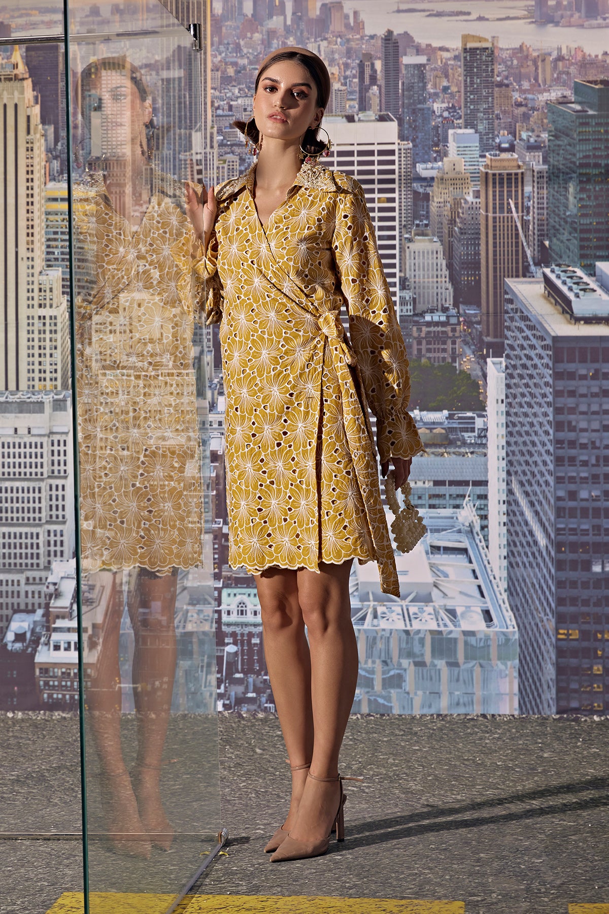 Pearl Work Collar Schiffli Knotted Belt Dress-Yellow