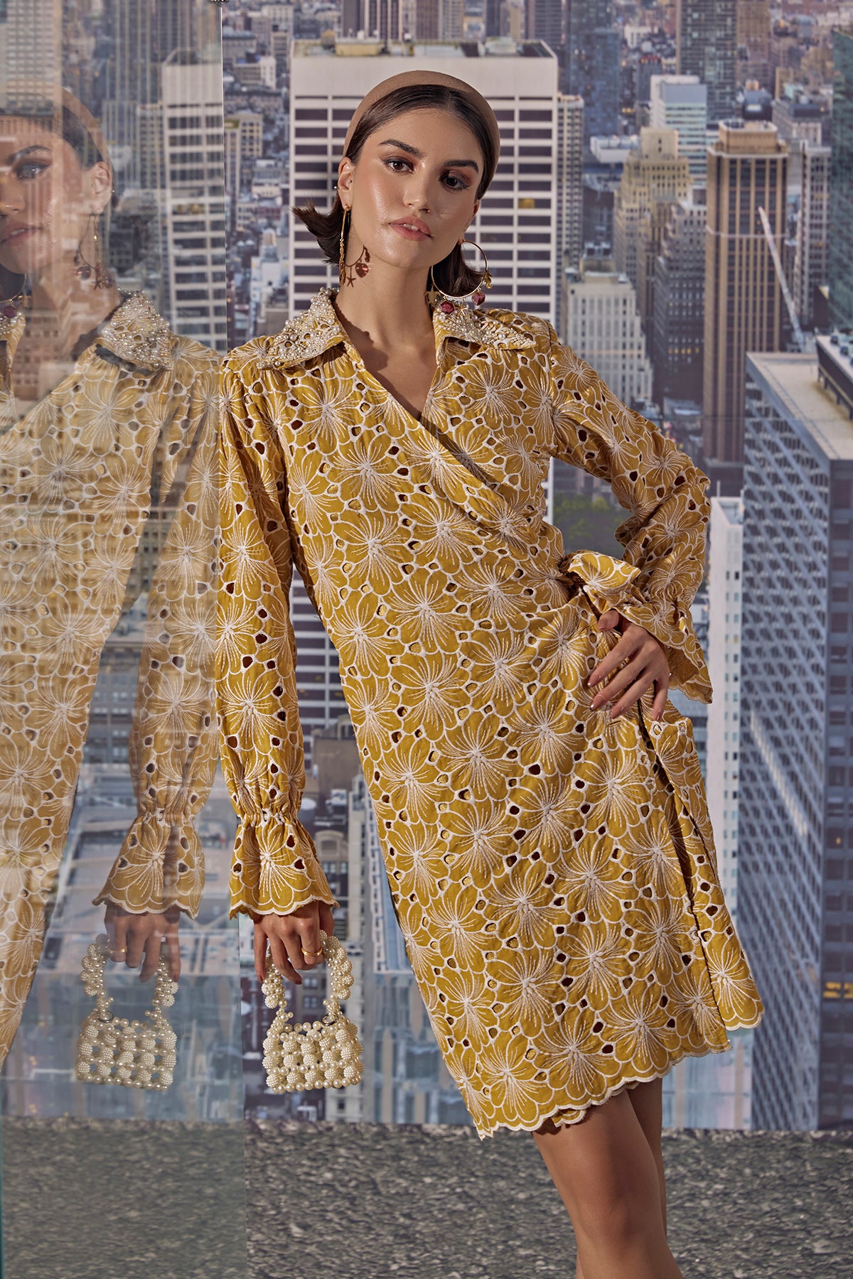 Pearl Work Collar Schiffli Knotted Belt Dress-Yellow