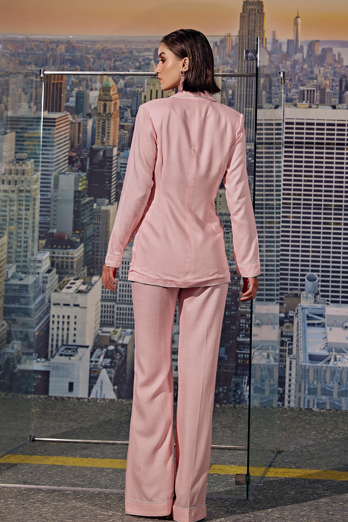 Pastel Pink Linen Piped Power Suit