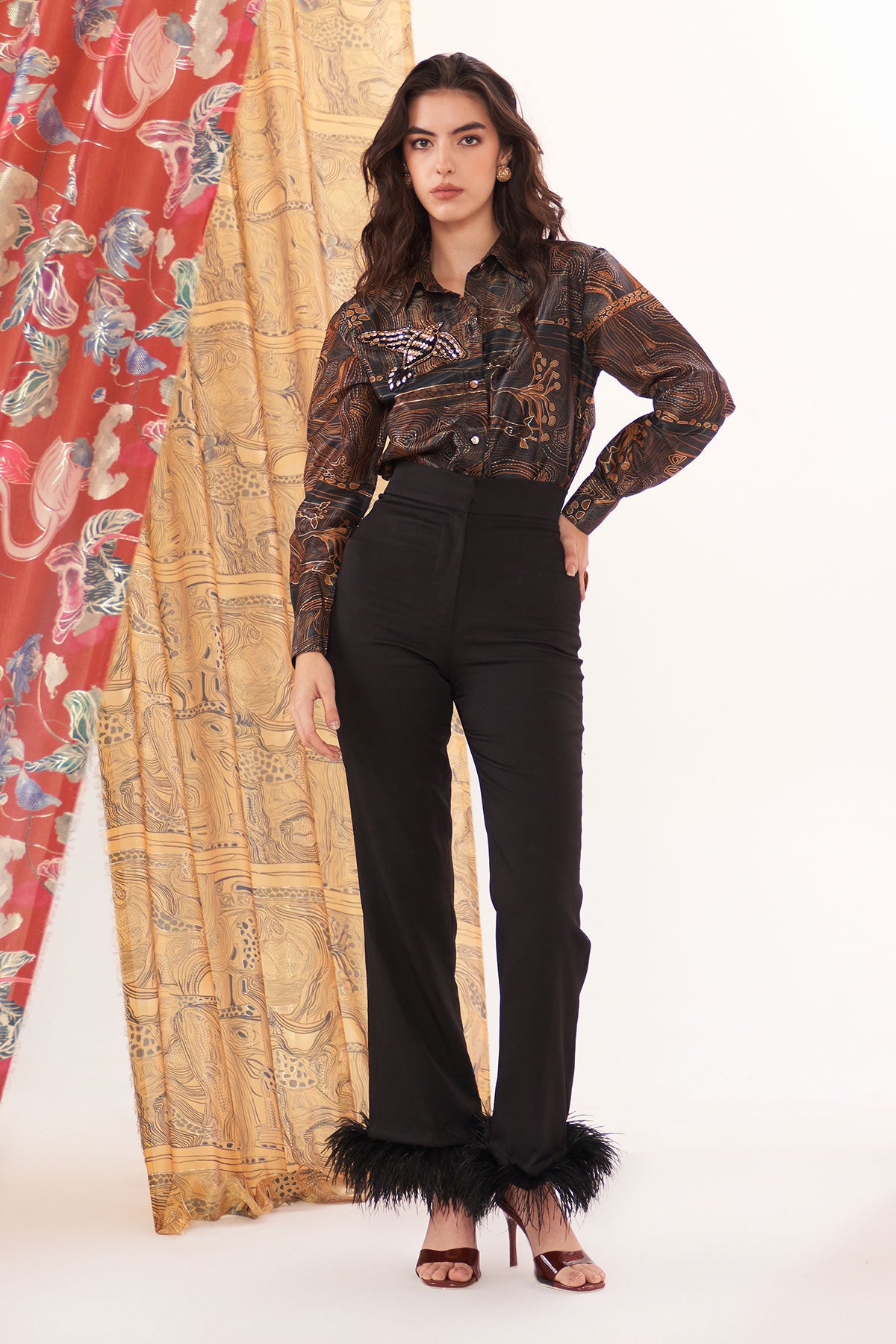 zebra -brown printed bird applique shirt paired with black pants