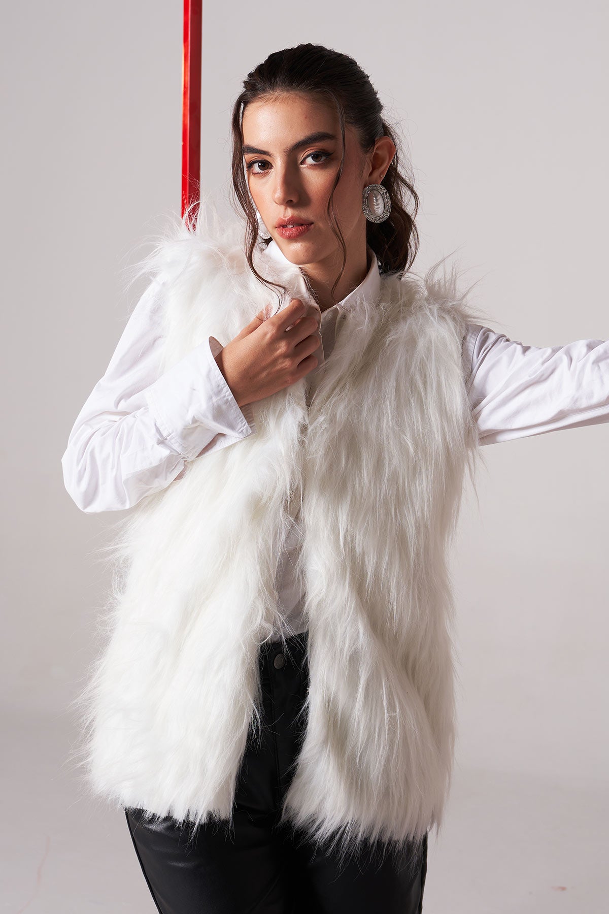 white fur jacket without sleeves