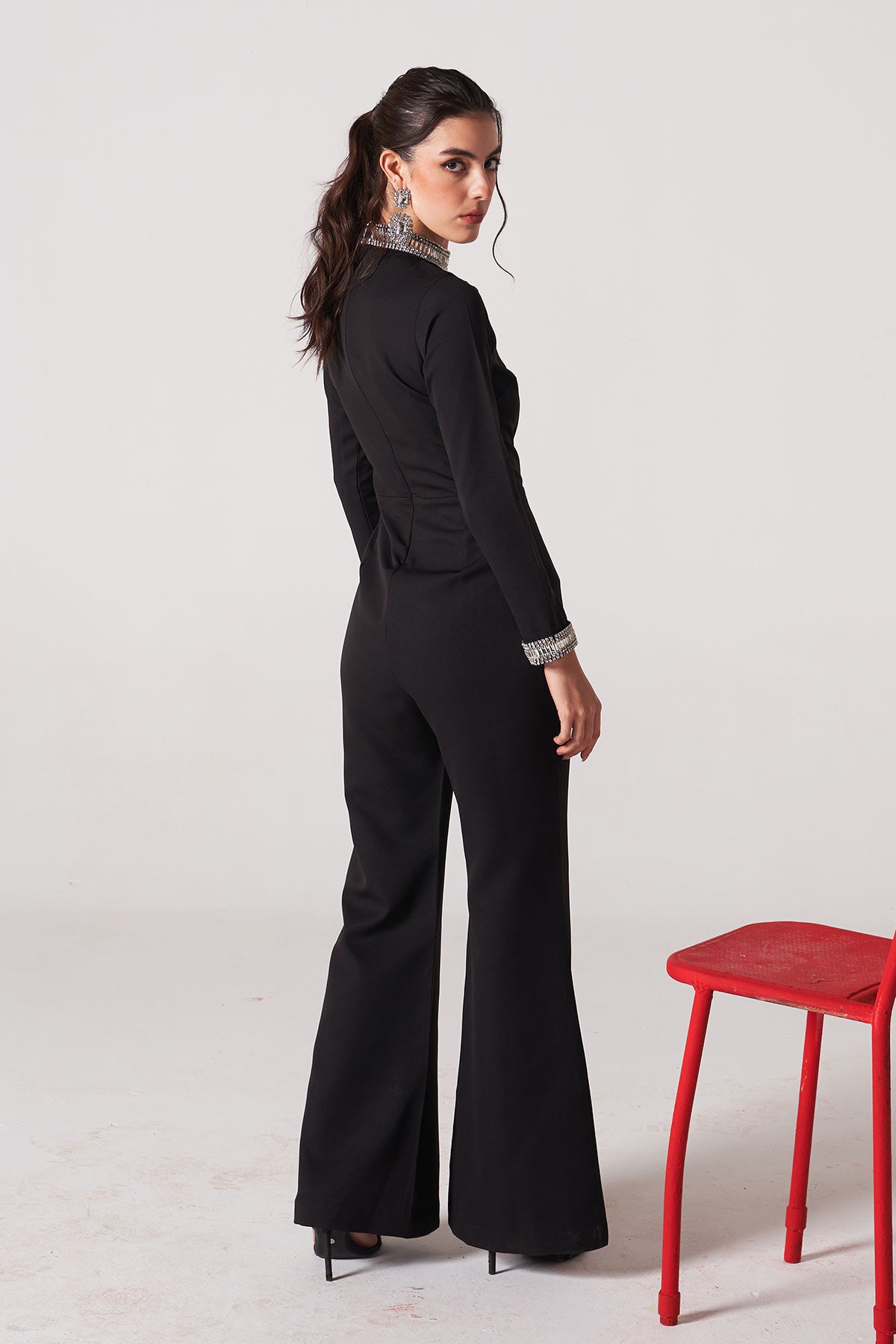 crystal stone work black jumpsuit