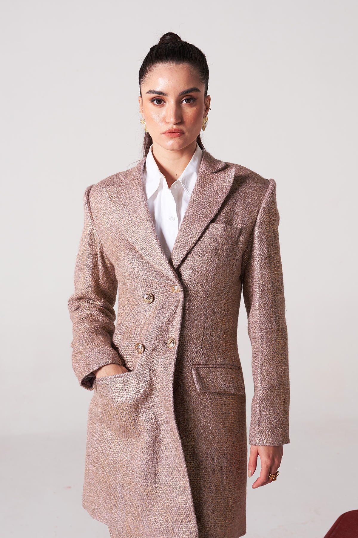 rose gold tweed double breast blazer skirt set