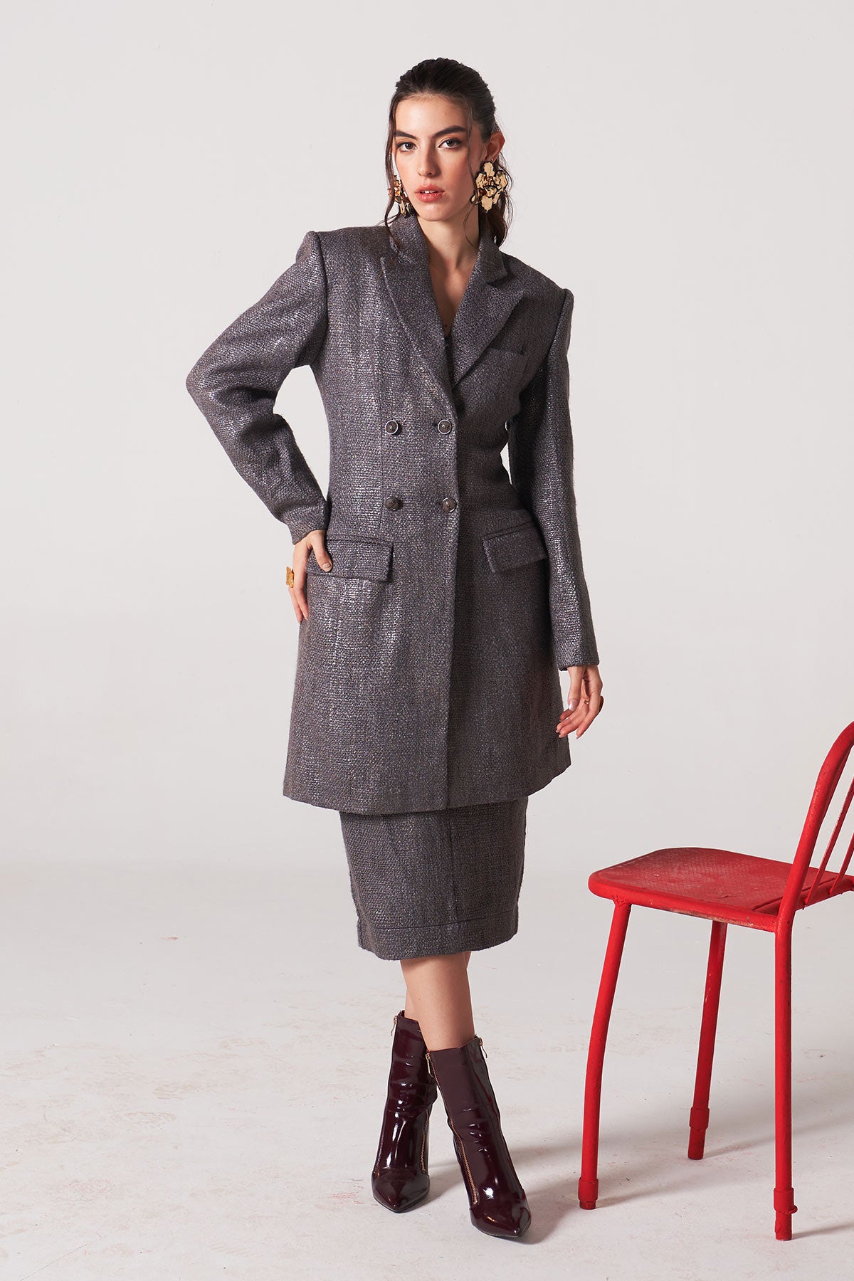 laven dark tweed double breast blazer skirt set