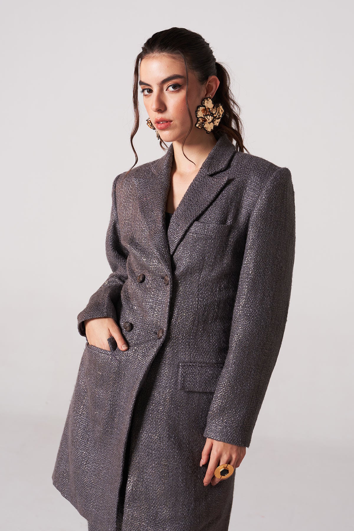 laven dark tweed double breast blazer skirt set