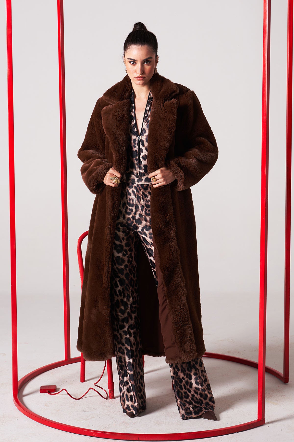 diana brown fur trench jacket with leopard cord