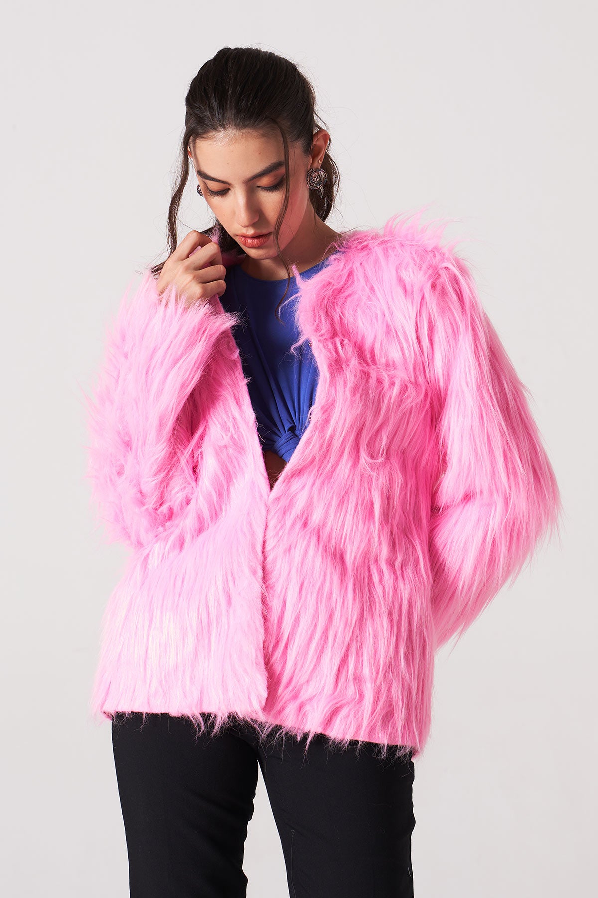 pink fur jacket with sleeves