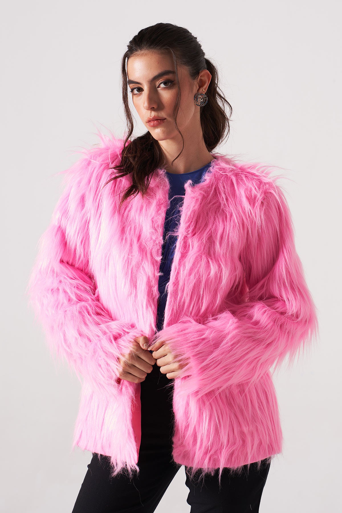 pink fur jacket with sleeves