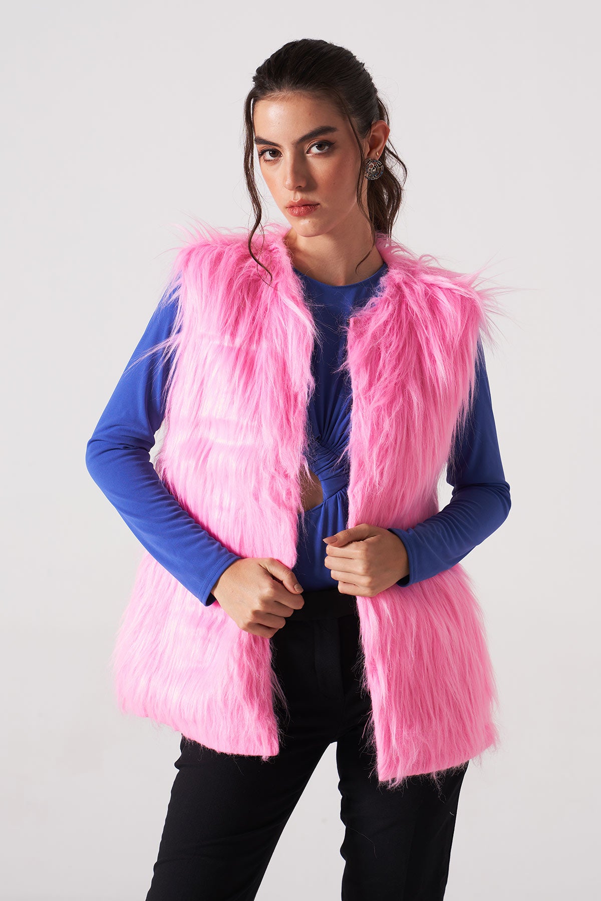 pink fur jacket without sleeves