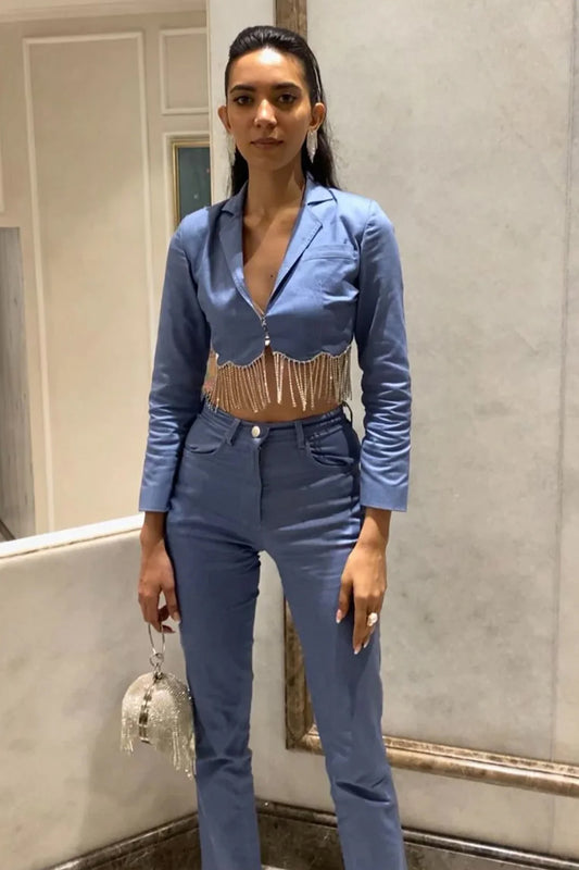 Rhinestone Fringe Denim Co-ord Set