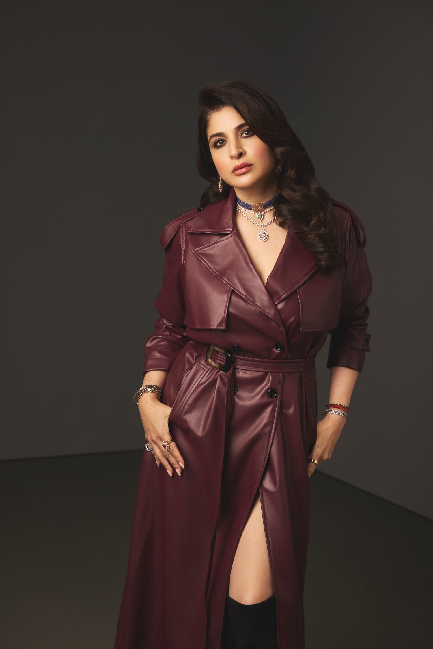 maheep in maroon premium leather trench jacket