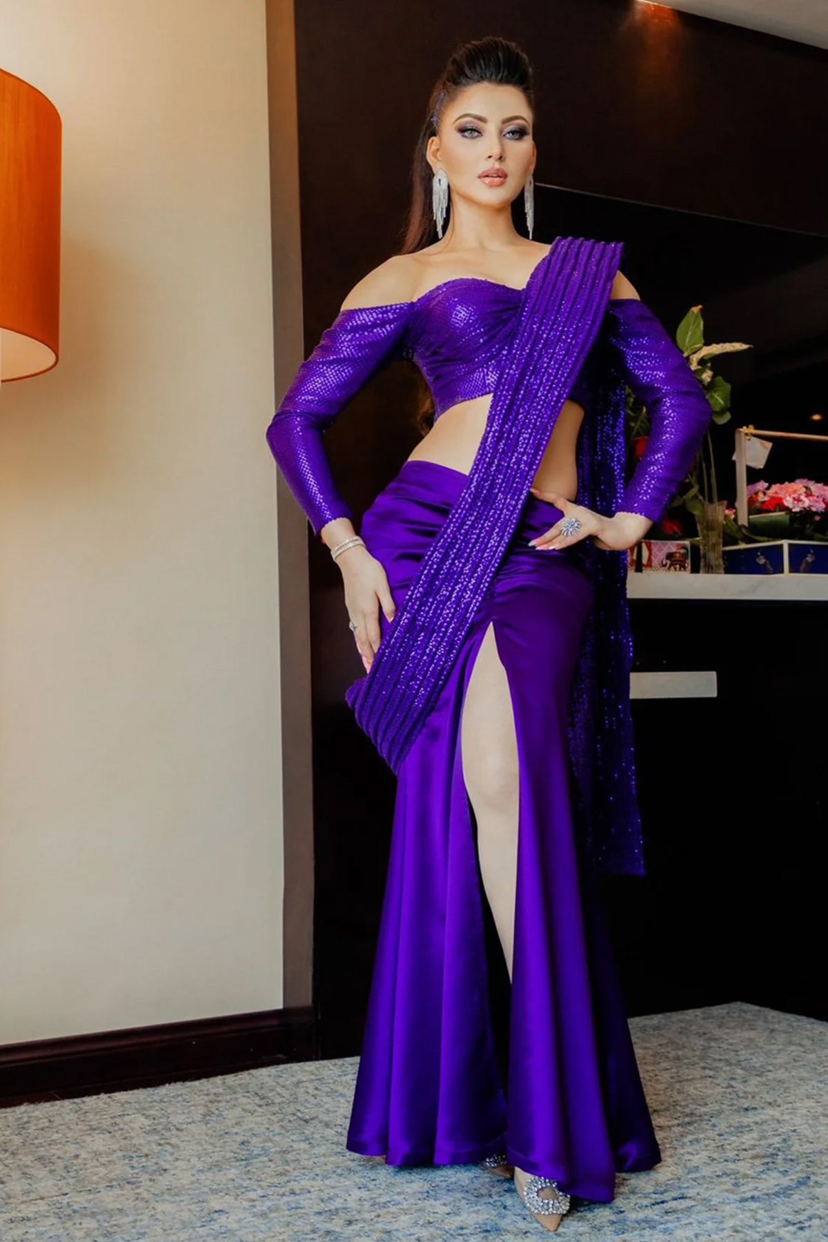Urvashi Rautela in Velvet slit sequence dori-drape purple saree - Urvashi