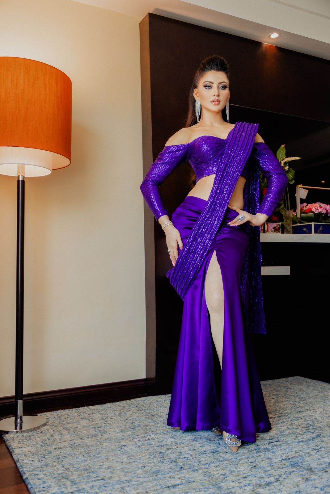 Urvashi Rautela in Velvet slit sequence dori-drape purple saree - Urvashi
