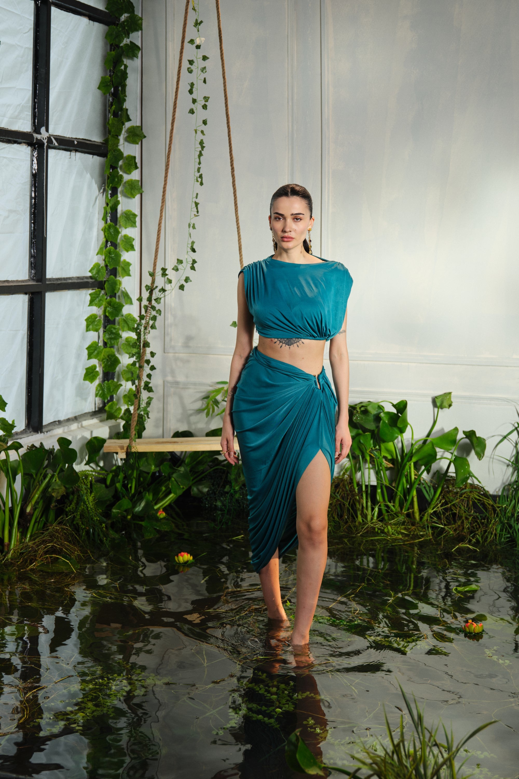 teal-gathered skirt with cowl top