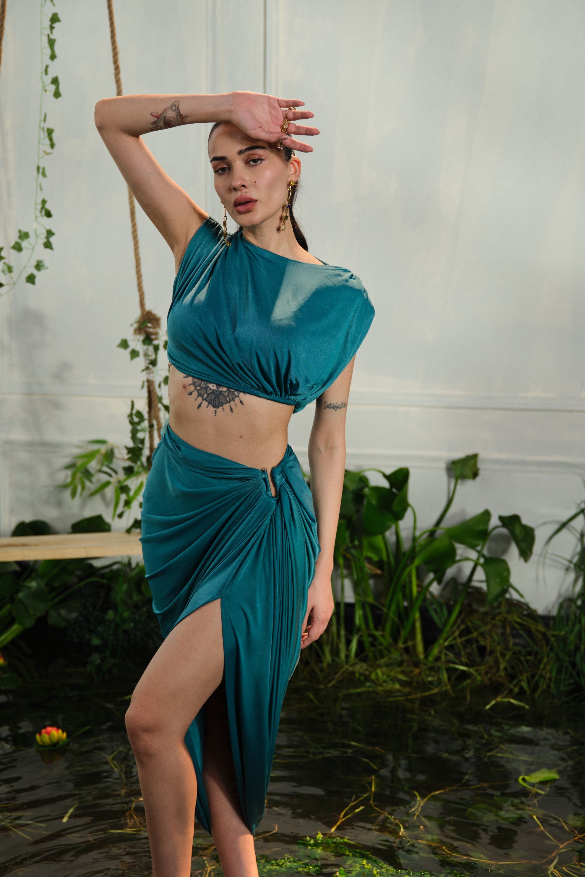 teal-gathered skirt with cowl top