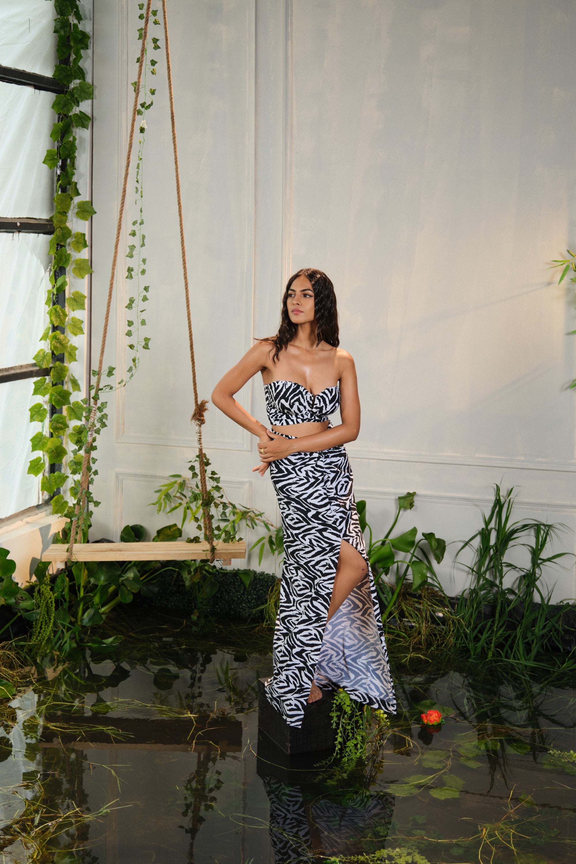 zebra knotted slit skirt with buckle tube top