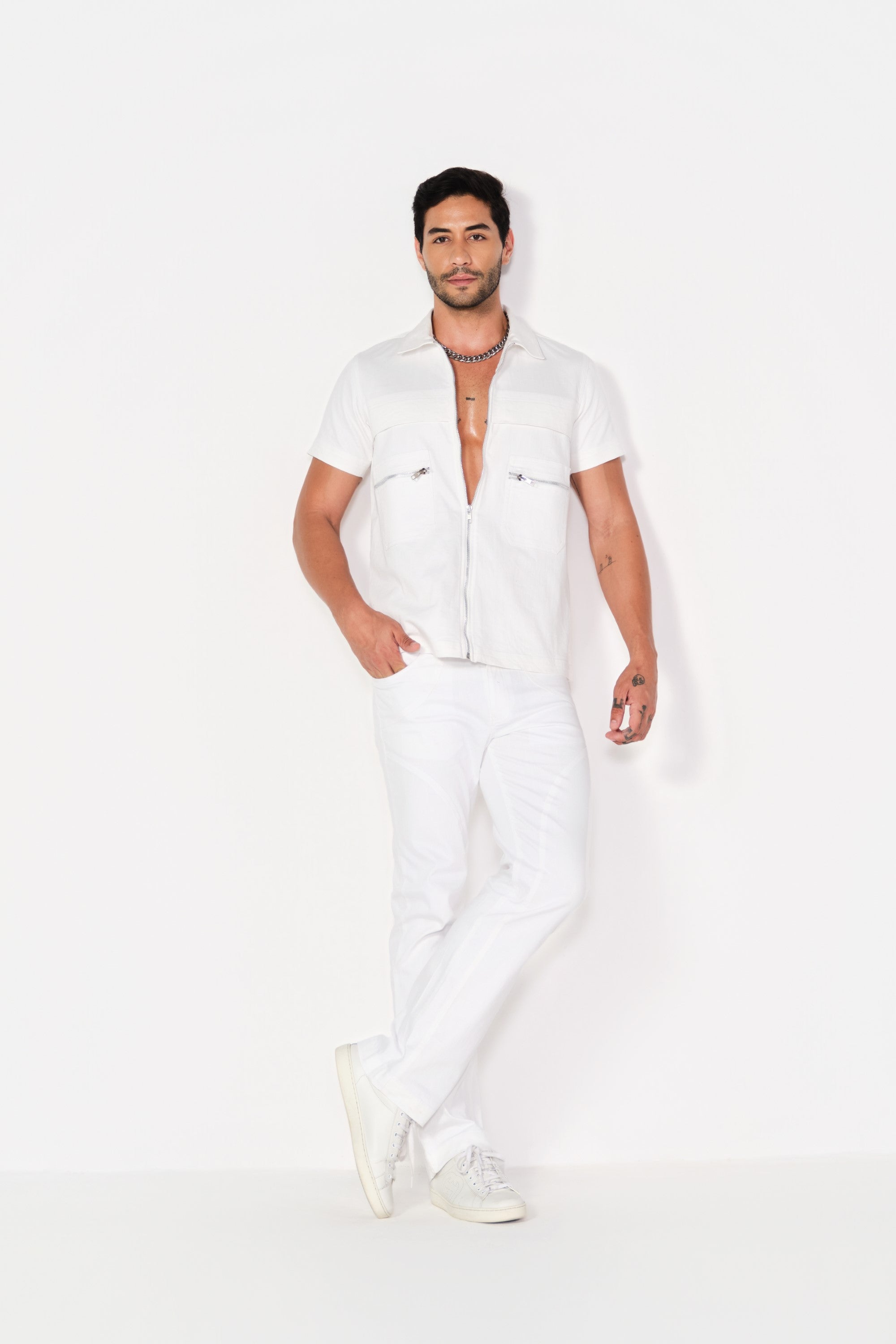white-zipper denim shirt set