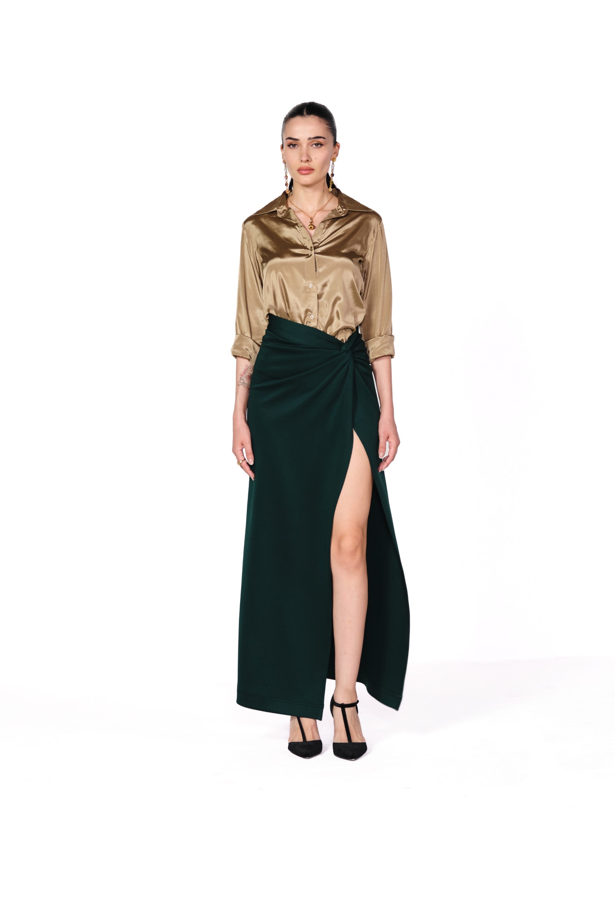 green block knotted skirt with champagne shirt