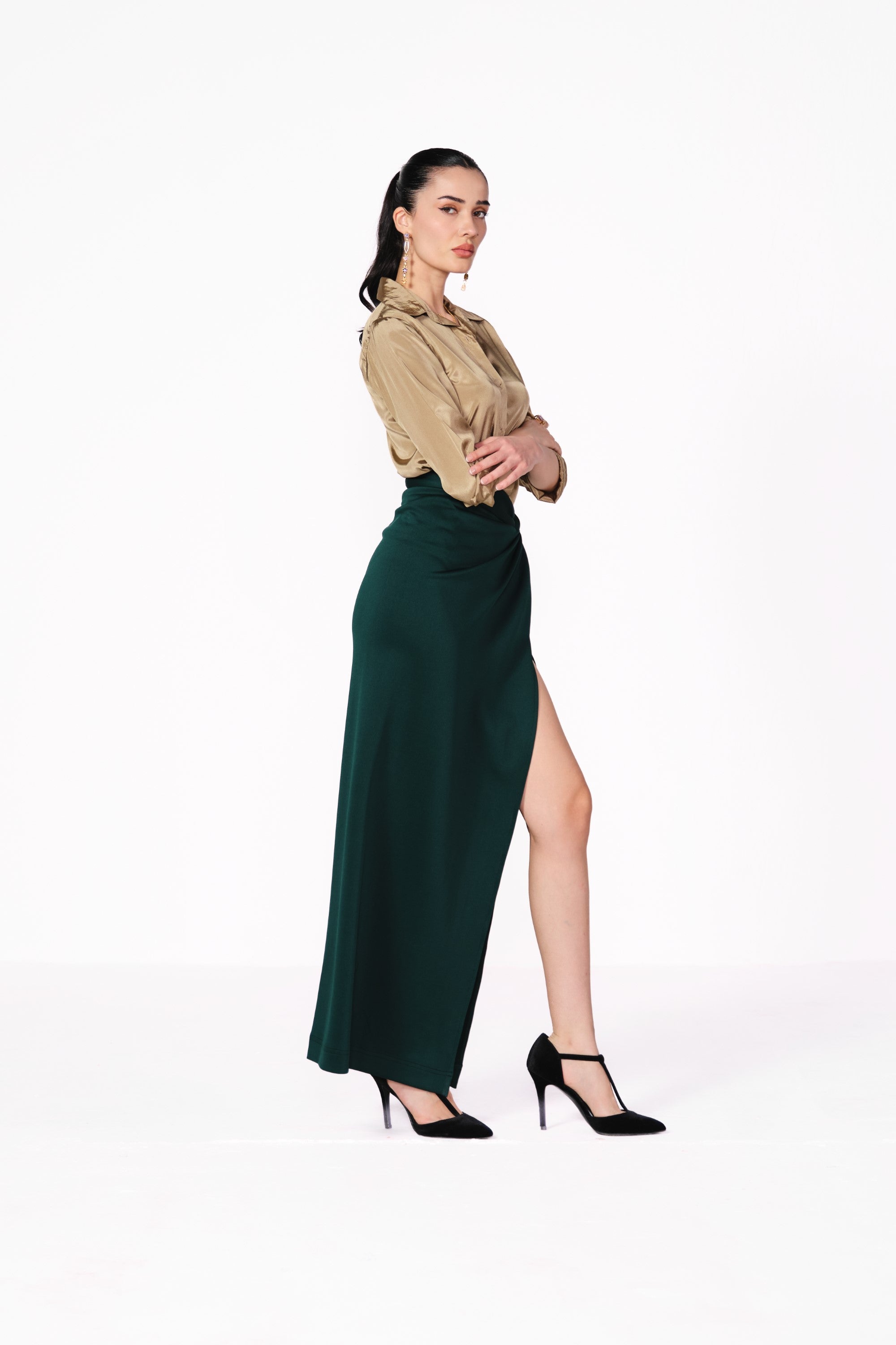 green block knotted skirt with champagne shirt
