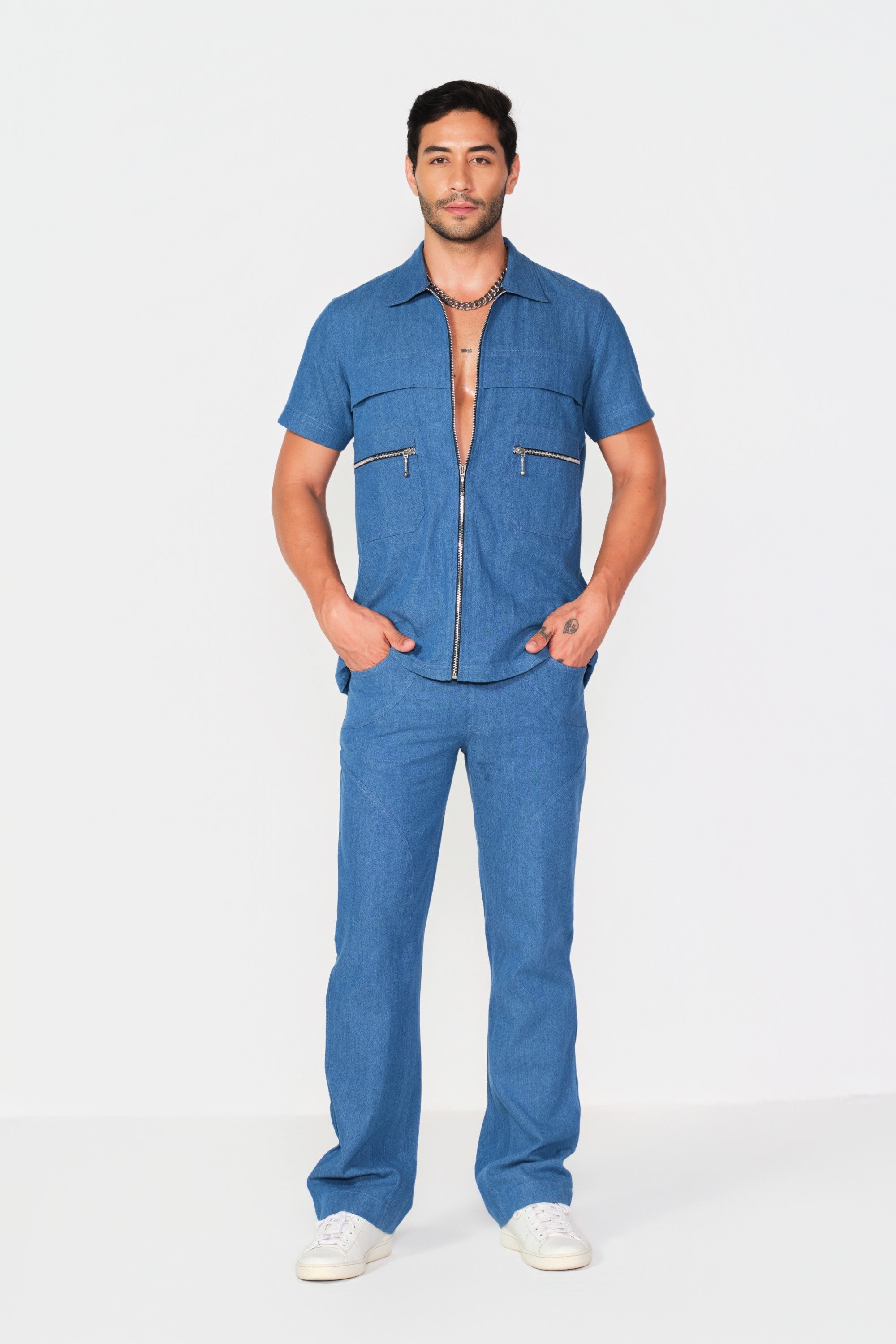 blue -zipper denim shirt set