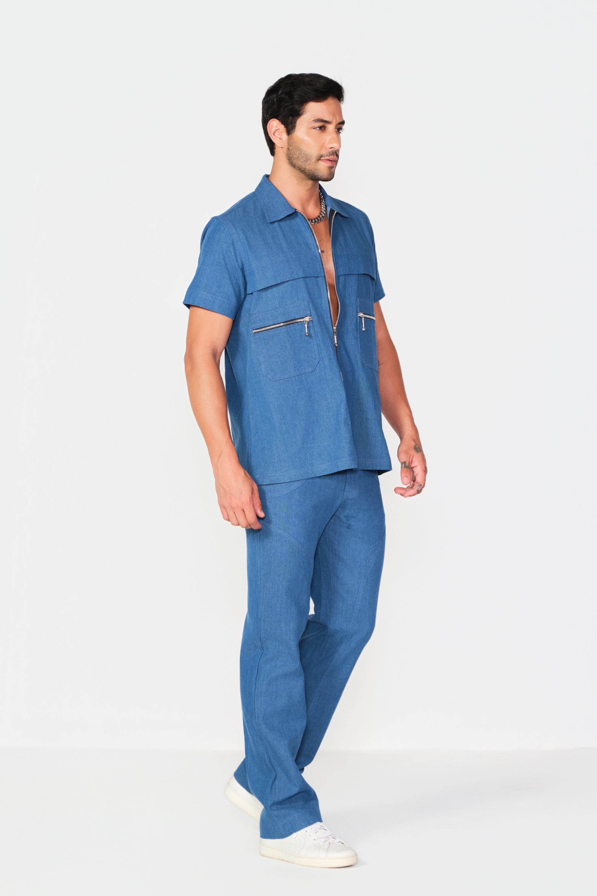 blue -zipper denim shirt set