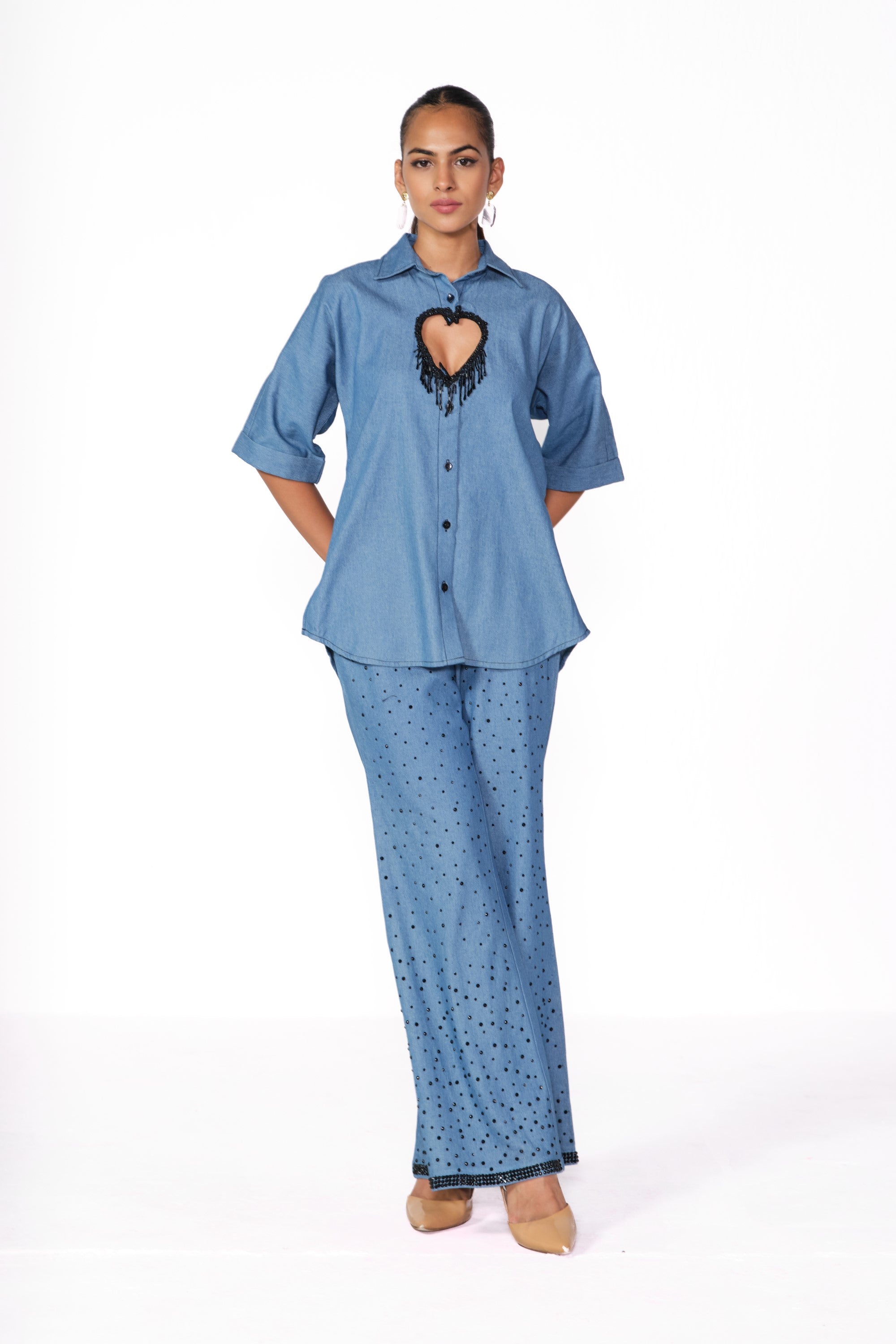 caia love denim shirt with diamond pants