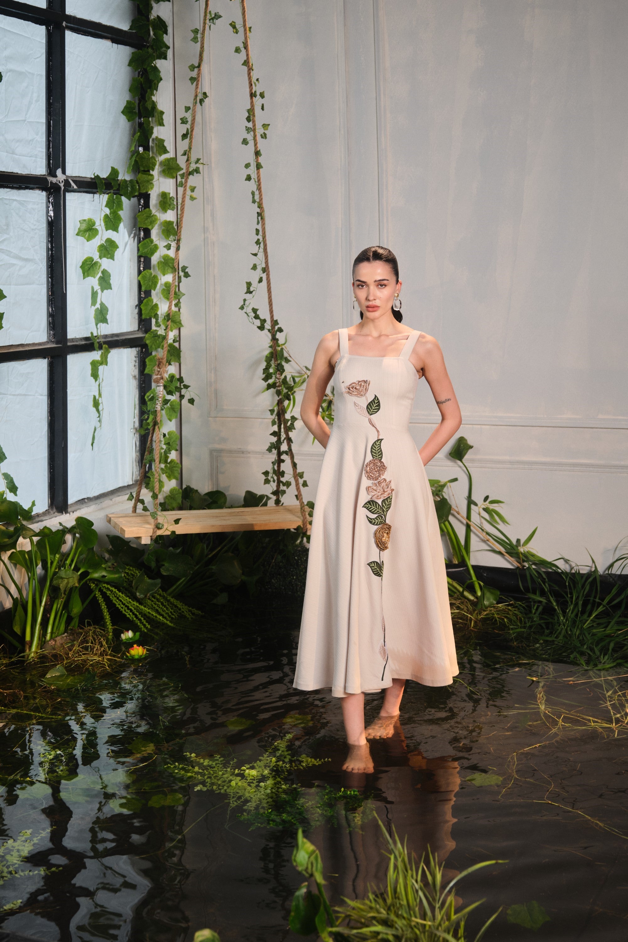 caia beige flower embroidered dress